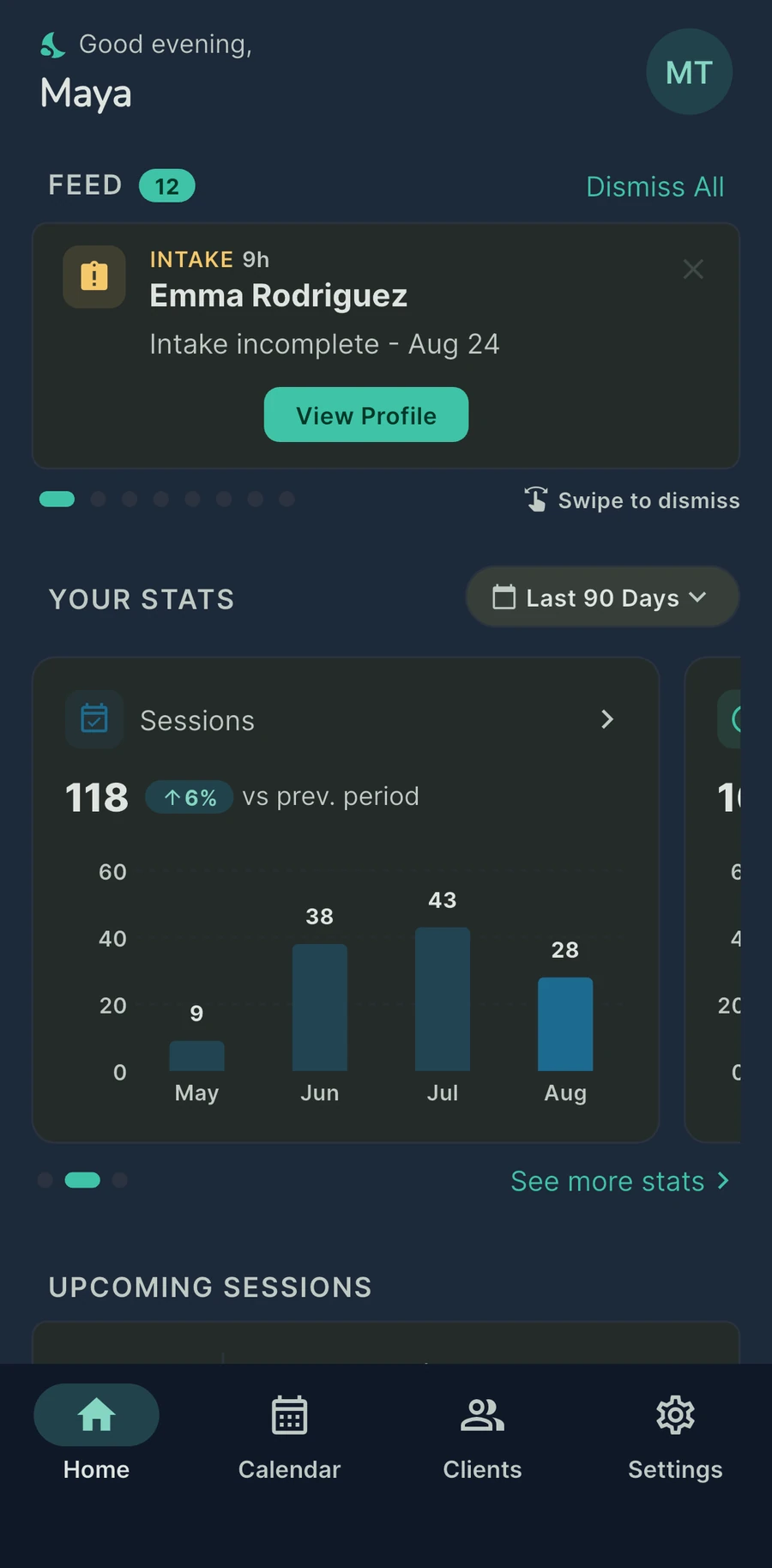 The Tuned home screen: today's feed, your stats, upcoming sessions, and a four-tab bar