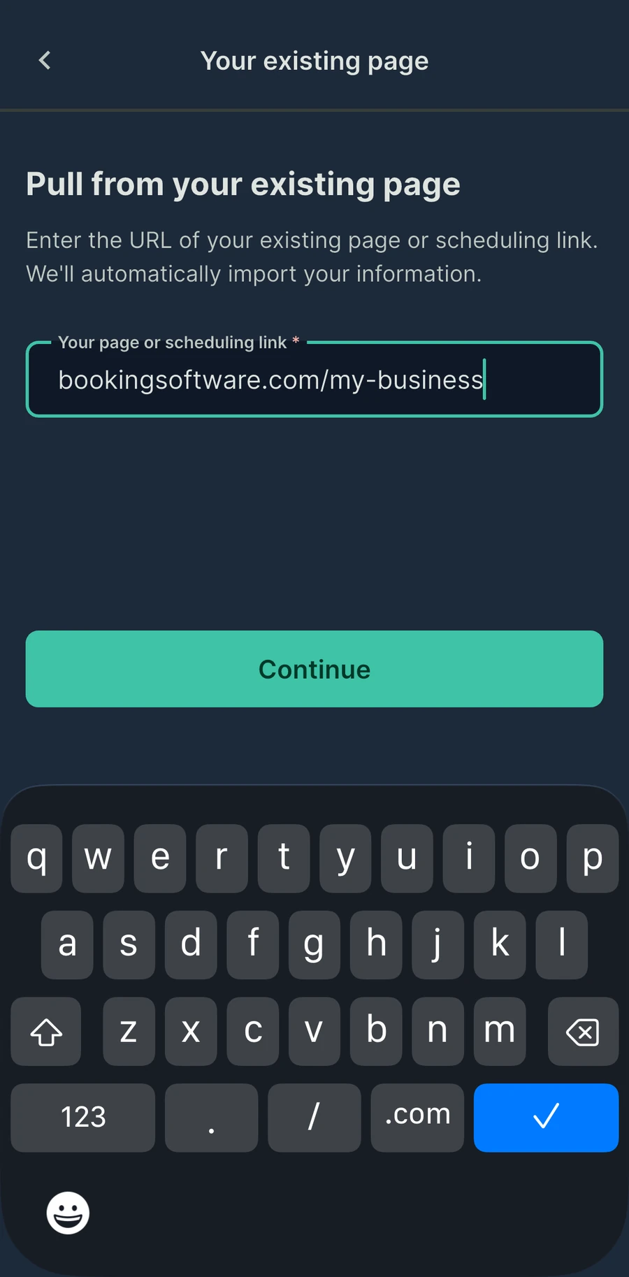 Pasting an existing booking page link into Tuned to pull its details across