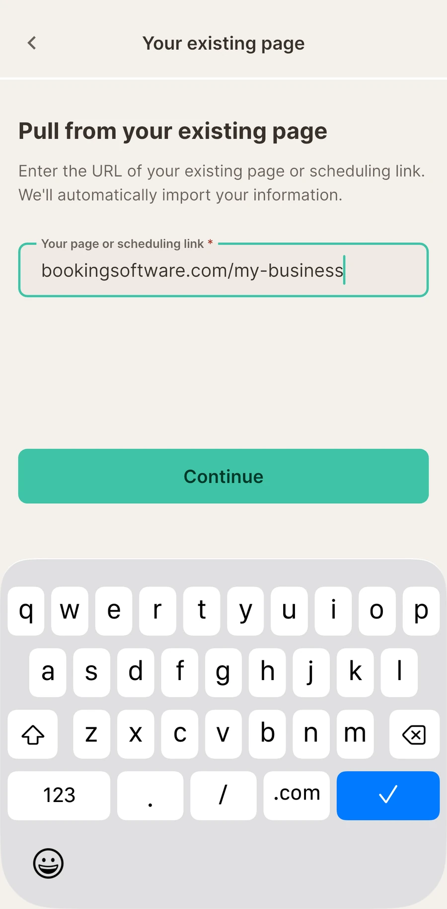 Pasting an existing booking page link into Tuned to pull its details across